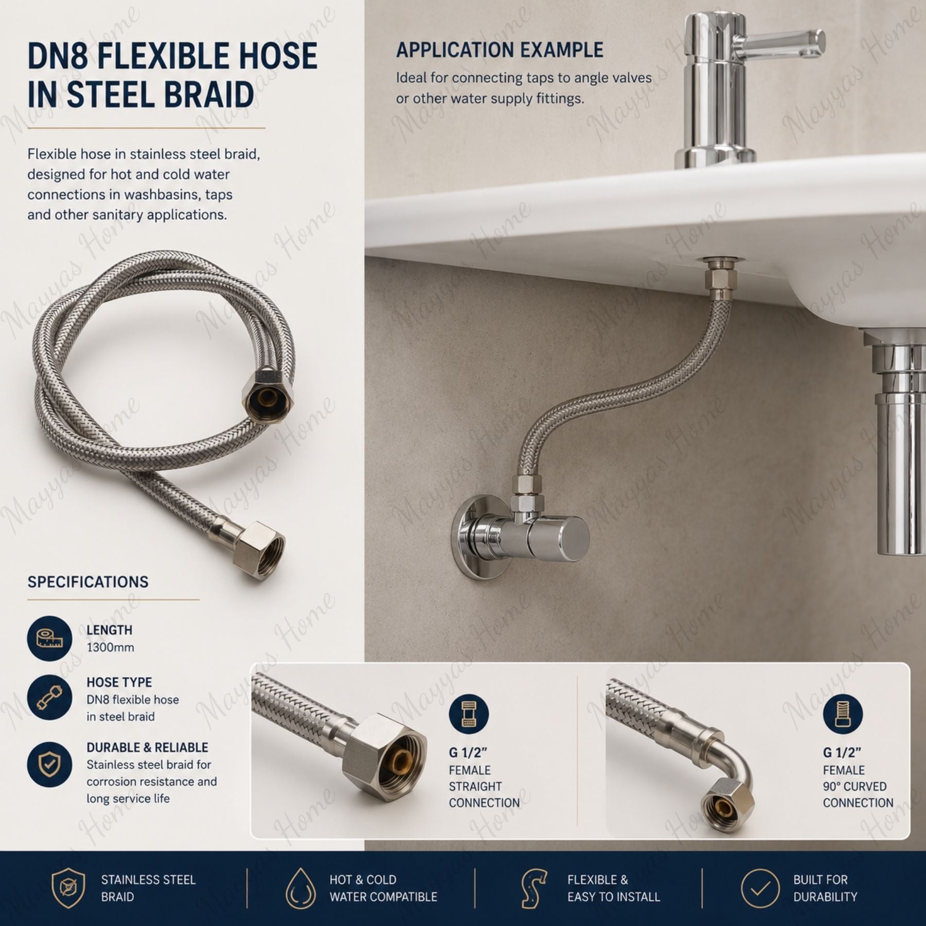 DN8 steel braided hose with 900mm length and straight G1/2 female connections. Ideal for commercial, residential and plumbing installations across UAE.