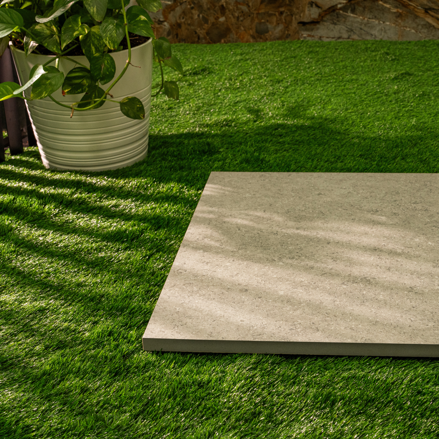 Dijon Limestone Taupe porcelain tile 60x120cm 2mm thickness, taupe stone look design, durable porcelain tile for modern floors and walls.