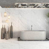 Domino Ash 120x280cm book-match glossy porcelain tile with deep ash-grey tones. Ideal for luxury feature walls and elegant flooring.