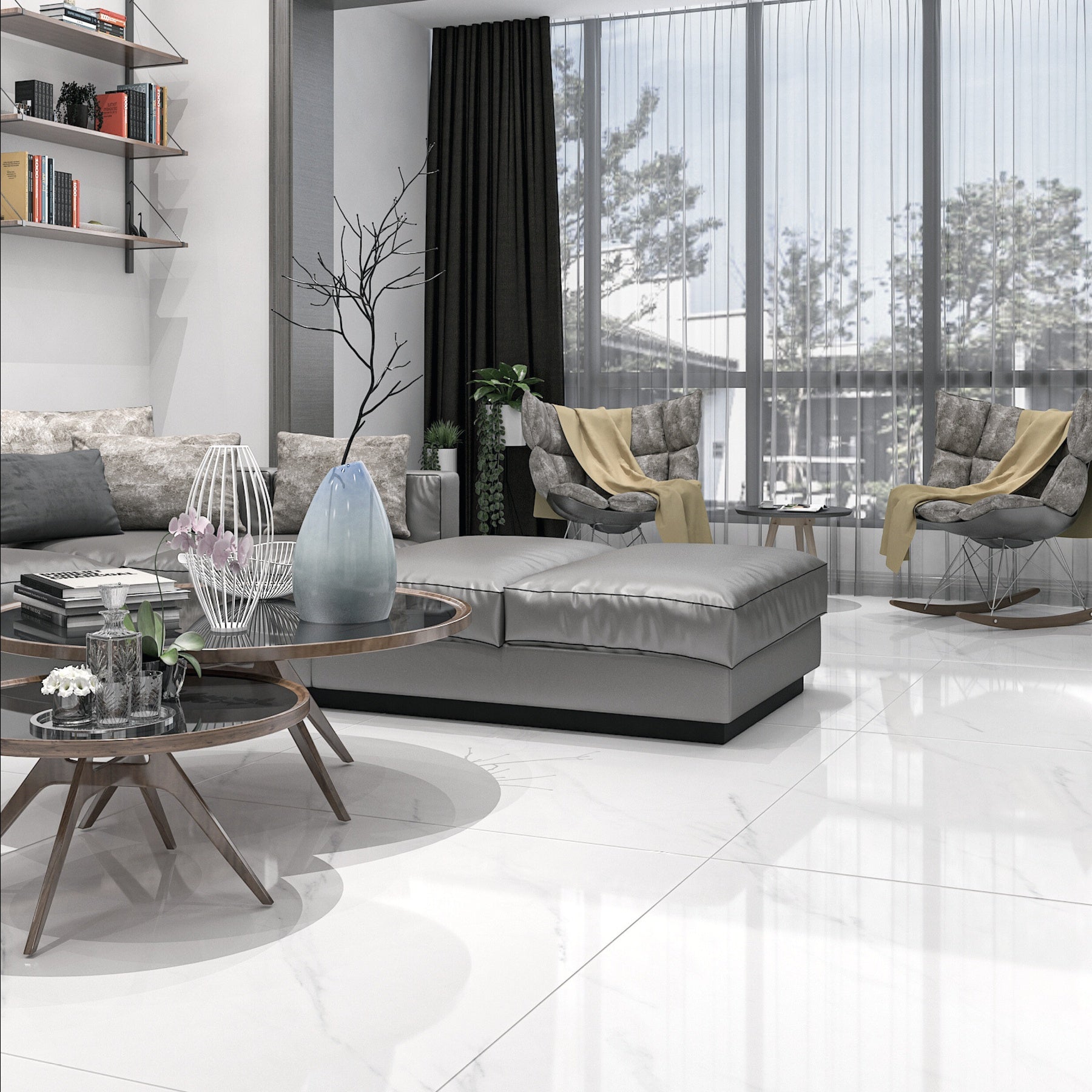 ELITE WHITE – 120x120cm glossy porcelain tile featuring premium white marble design. Large format tile perfect for elegant, durable flooring and wall applications.
