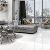 ELITE WHITE – 120x120cm glossy porcelain tile featuring premium white marble design. Large format tile perfect for elegant, durable flooring and wall applications.
