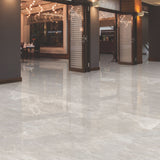 Empradore Light polished porcelain tile in 120x280cm with 6mm thickness. Extra-large floor and wall tile for premium residential and commercial interiors.