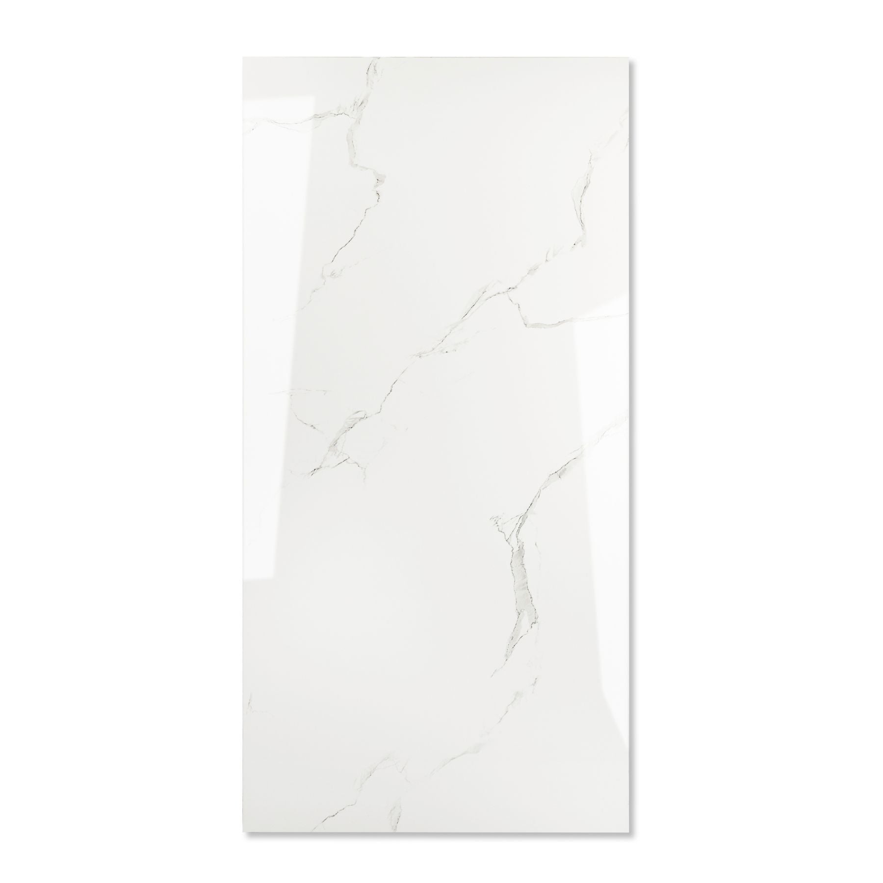 Eterna White glossy marble effect porcelain tile 60x120cm with 9mm thickness features bright white base, soft grey veins and polished finish.