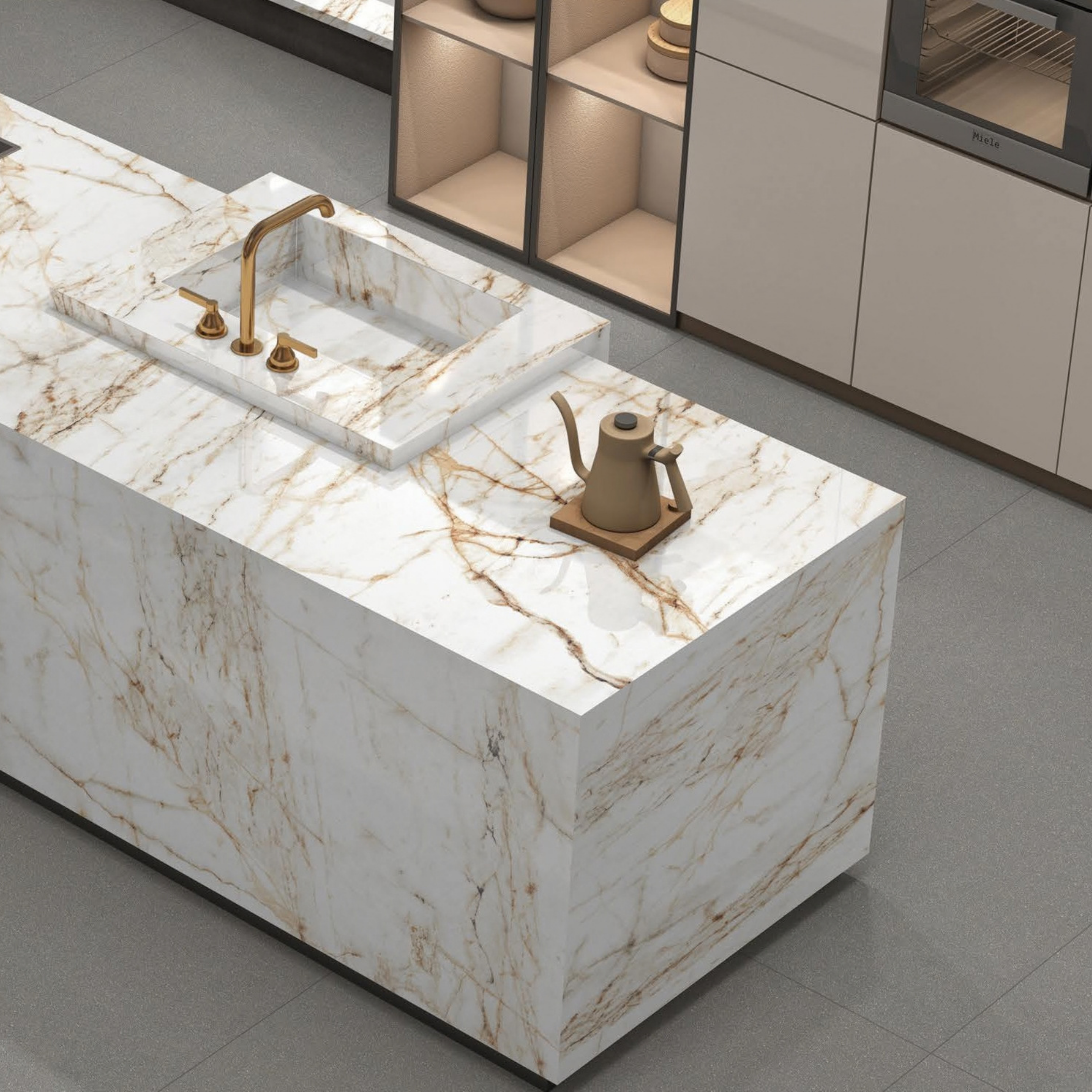 Figi Gold marble-look porcelain slab used for a luxury kitchen island and countertop