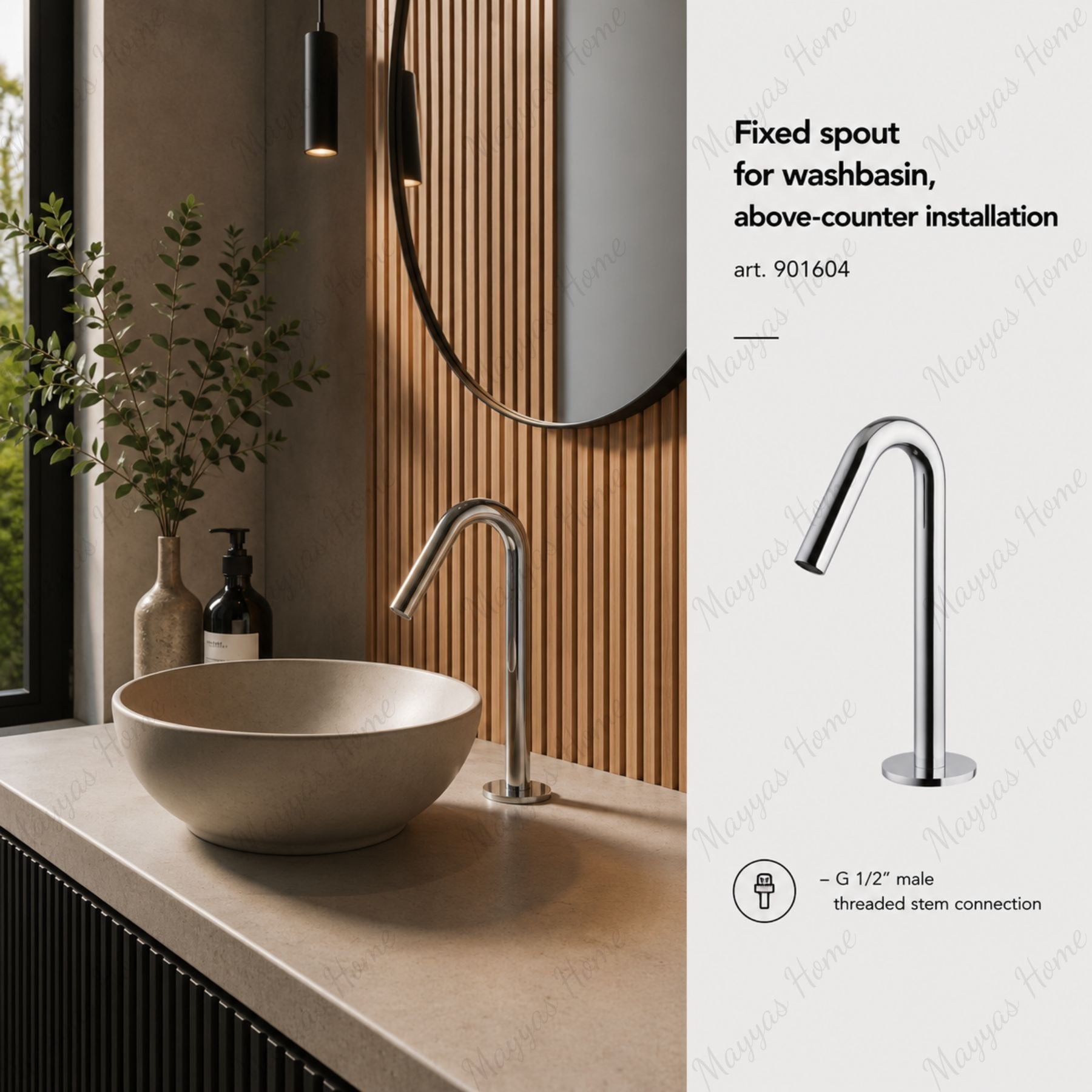 Fixed washbasin spout for above-counter installation with G1/2 male threaded connection. Ideal for hotels, offices, healthcare and commercial bathrooms in UAE.