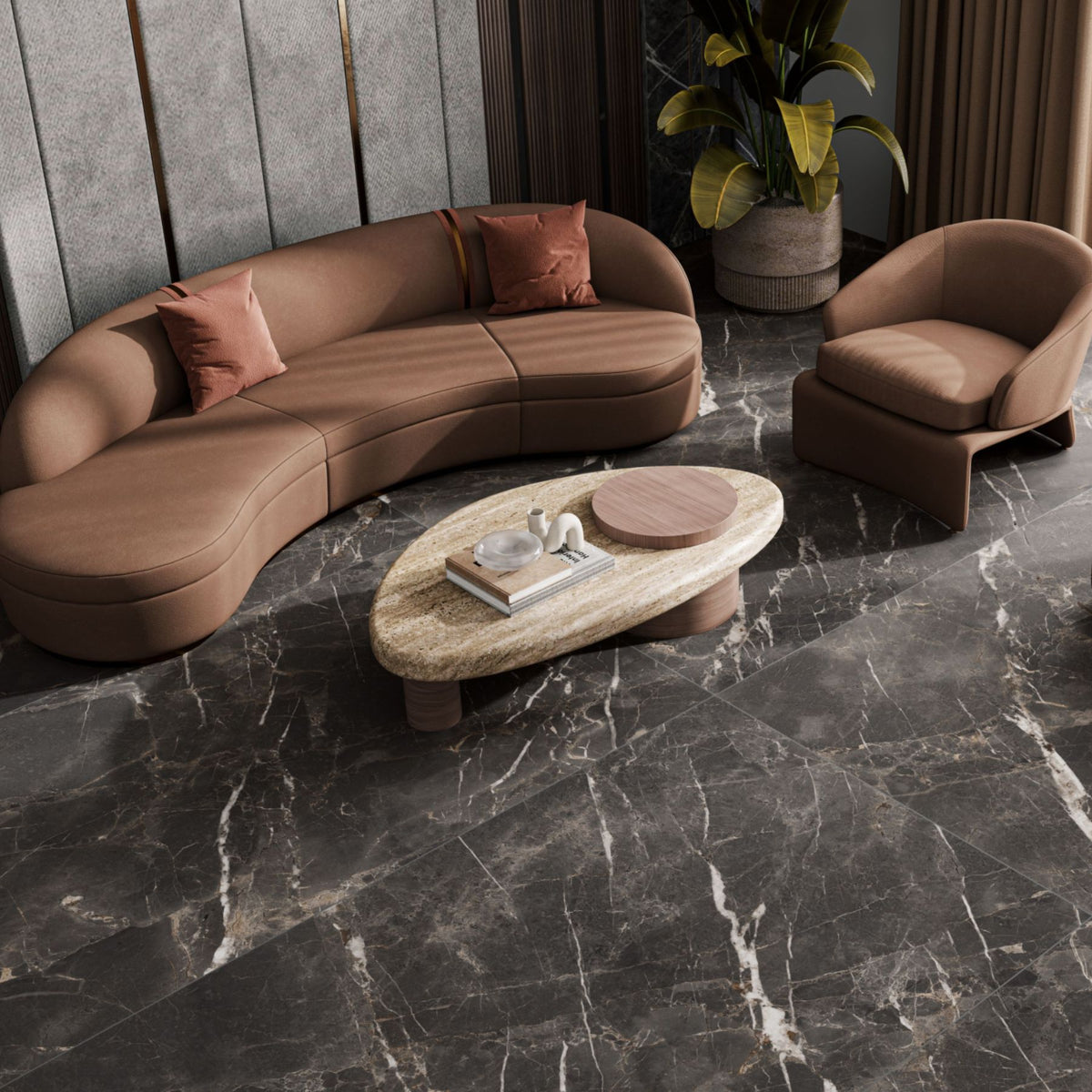 Flurry Black Shape+ Colorbody porcelain slab 120x280cm, 9mm thick, with bold veining and black marble character for floors, walls and modern interiors.