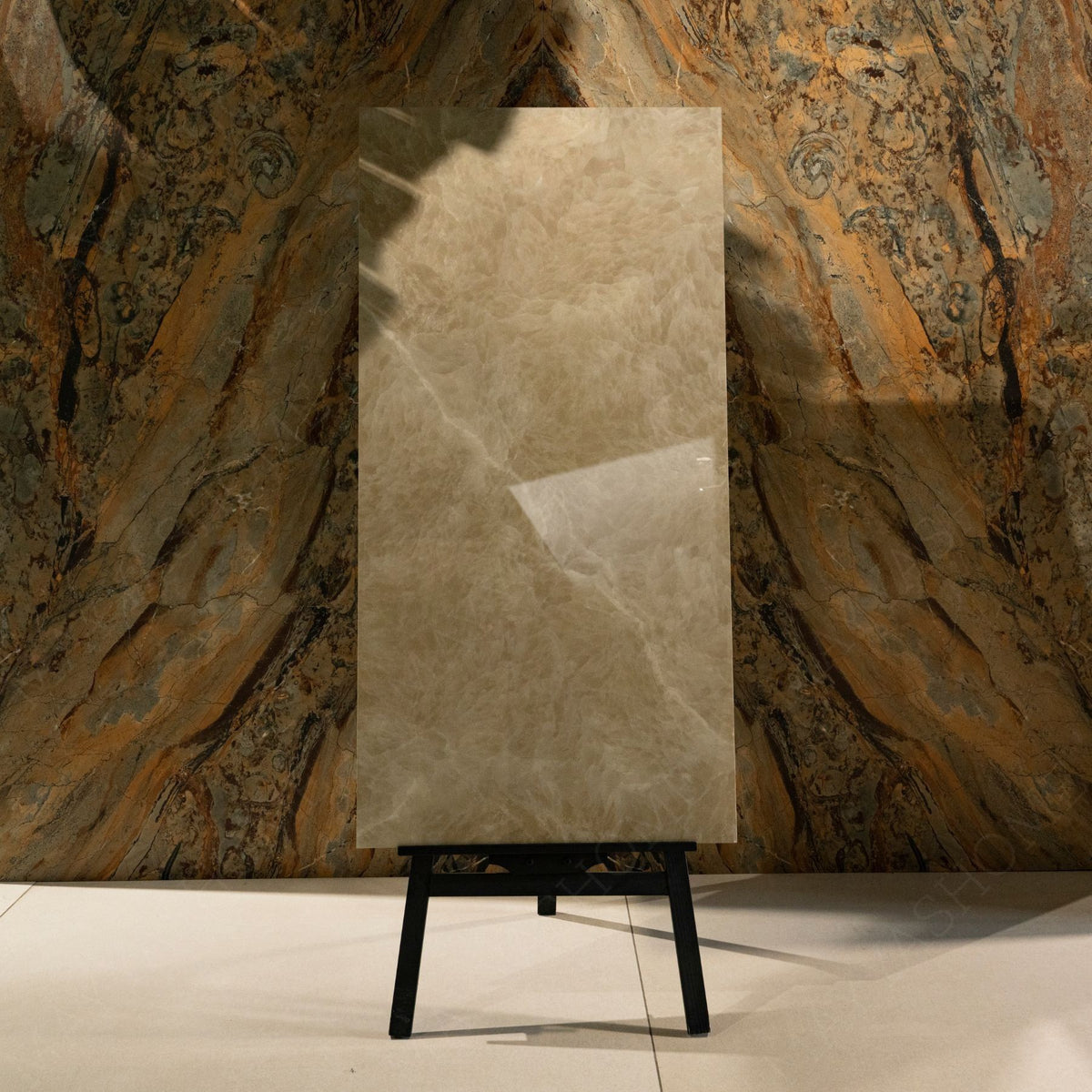 Fur Gold glossy marble porcelain tile 60x120cm with 9mm thickness features white base, golden veins and elegant polished surface finish.