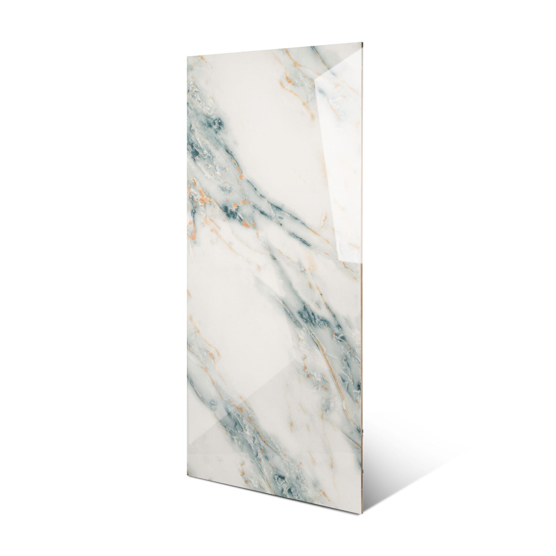 Grazzu Azul glossy marble effect porcelain tile 60x120cm with 9mm thickness features rich blue tones and polished luxury finish.