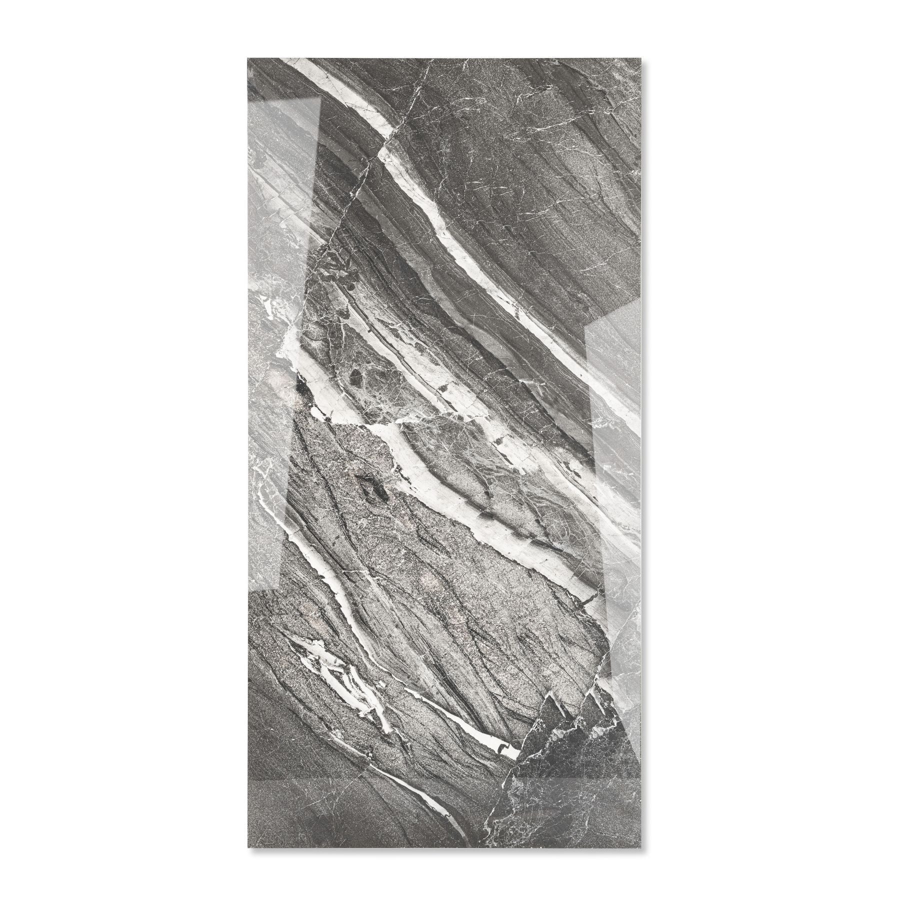 Grigio Imperiale glossy marble effect porcelain tile 60x120cm with 9mm thickness features elegant grey veining and a polished luxury finish.