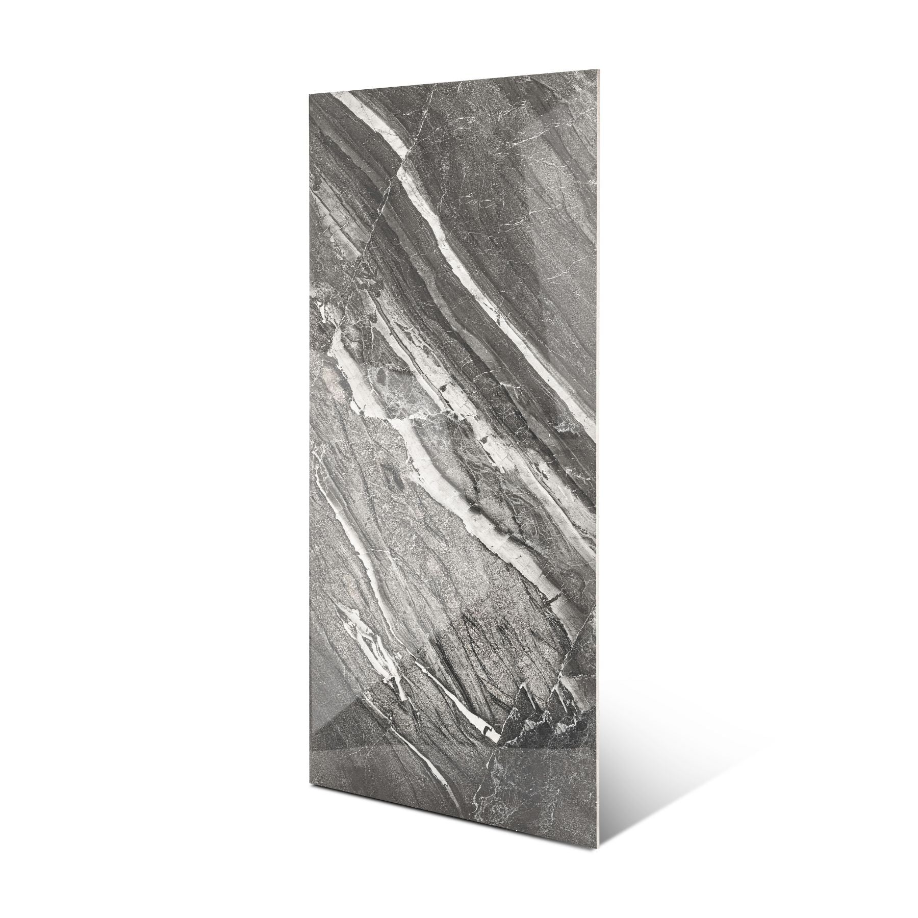 Grigio Imperiale glossy marble effect porcelain tile 60x120cm with 9mm thickness features elegant grey veining and a polished luxury finish.