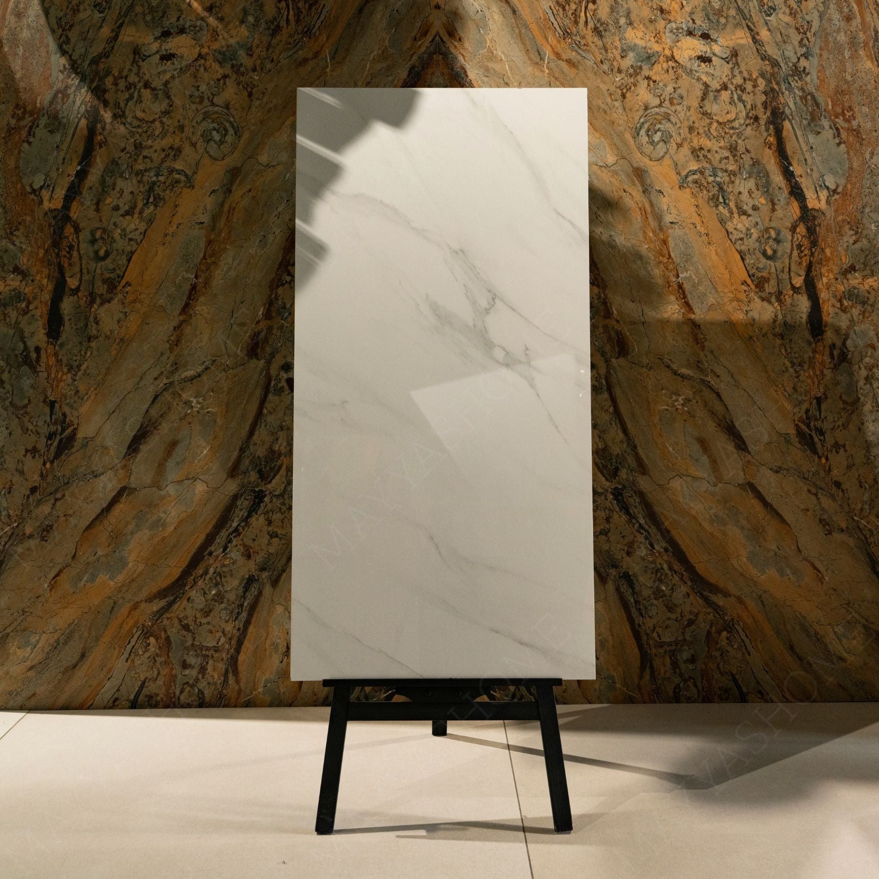Imperial Shadow glossy marble porcelain tile 60x120cm with 9mm thickness features deep grey tones, bold veining and elegant polished finish.