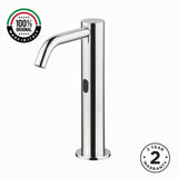 Luxury battery-powered electronic pre-mixed basin tap with extended body, modern above-counter installation and smart water-saving flow control.