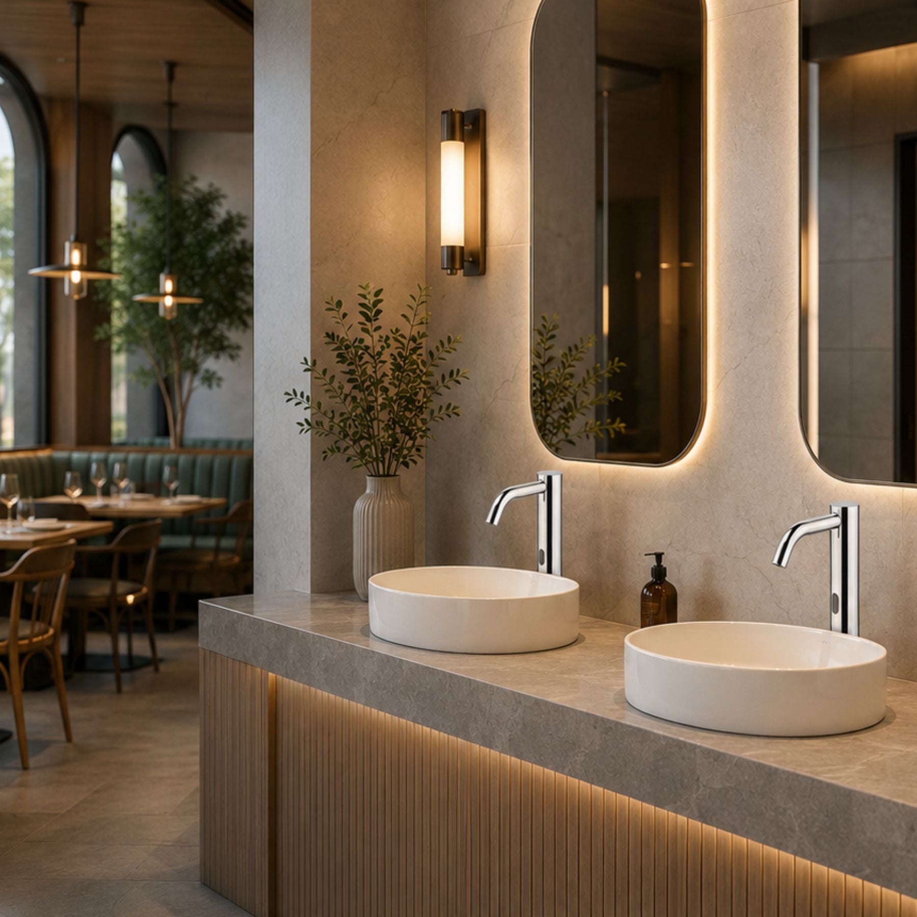 Luxury battery-powered electronic pre-mixed washbasin tap with extended body, above-counter installation and smart water-saving flow control.