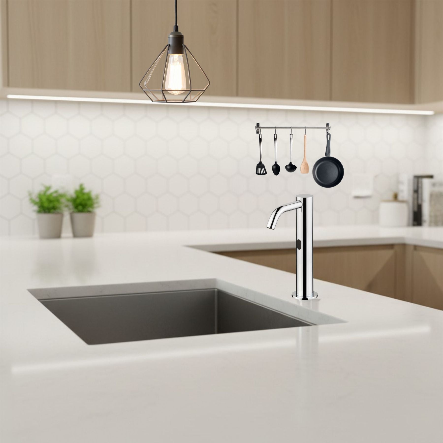 Luxury battery-powered electronic pre-mixed washbasin tap with extended body, above-counter installation and smart water-saving flow control.