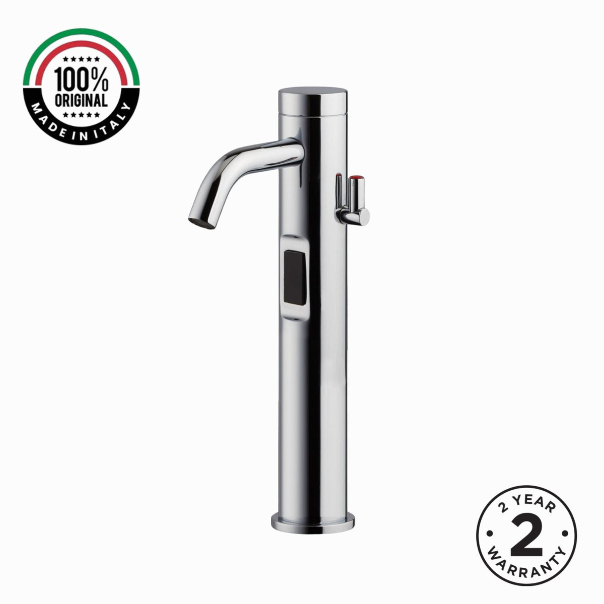 Luxury battery-powered electronic washbasin mixer tap with extended body, above-counter installation and smart water-saving flow control.