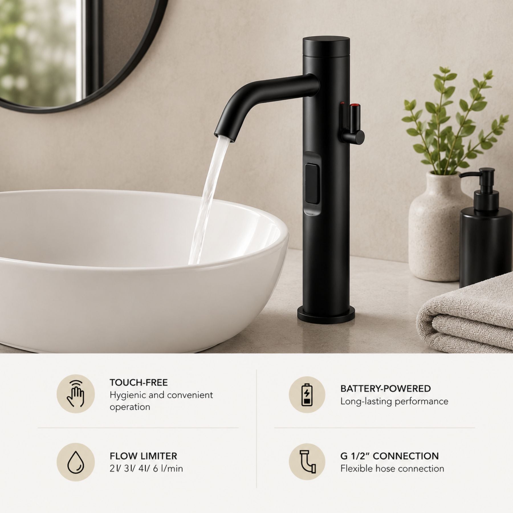 Luxury battery-powered electronic washbasin mixer tap with extended body, above-counter installation and smart water-saving flow control.