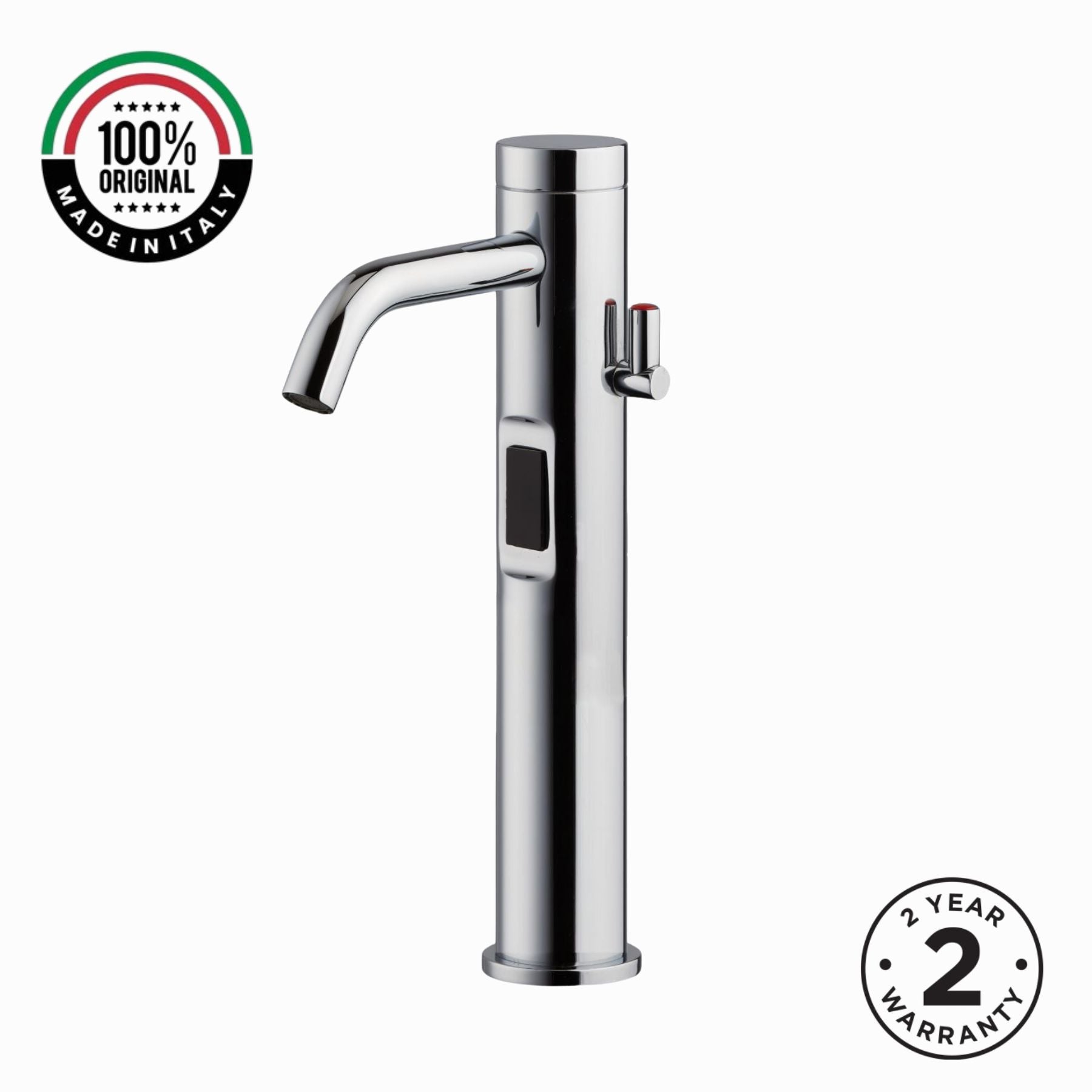 Luxury mains-powered electronic basin mixer tap with extended body, modern above-counter installation and water-saving flow control.
