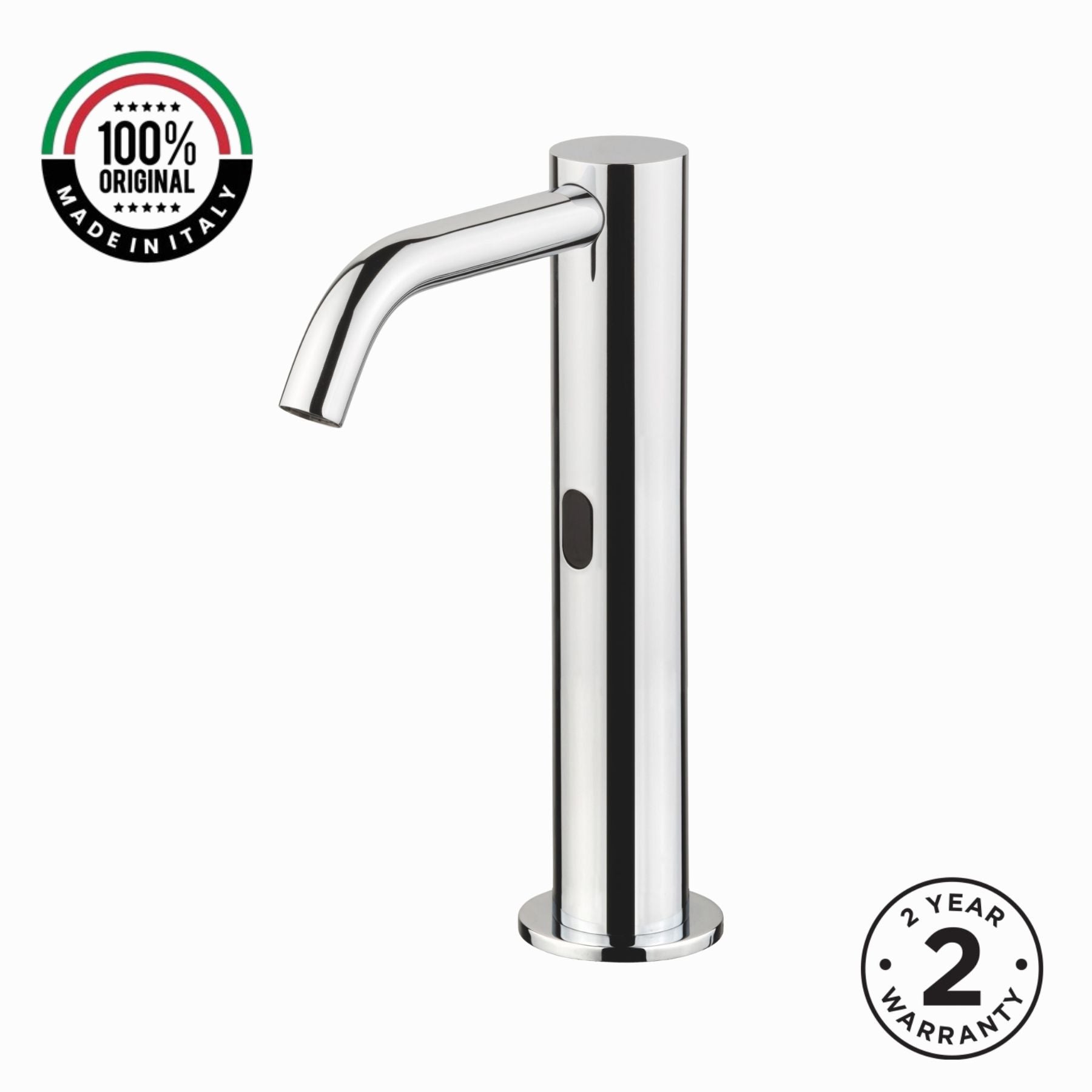 Luxury mains-powered electronic pre-mixed basin tap with extended body, modern above-counter installation and smart water-saving flow control.