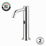 Luxury mains-powered electronic pre-mixed basin tap with extended body, modern above-counter installation and smart water-saving flow control.