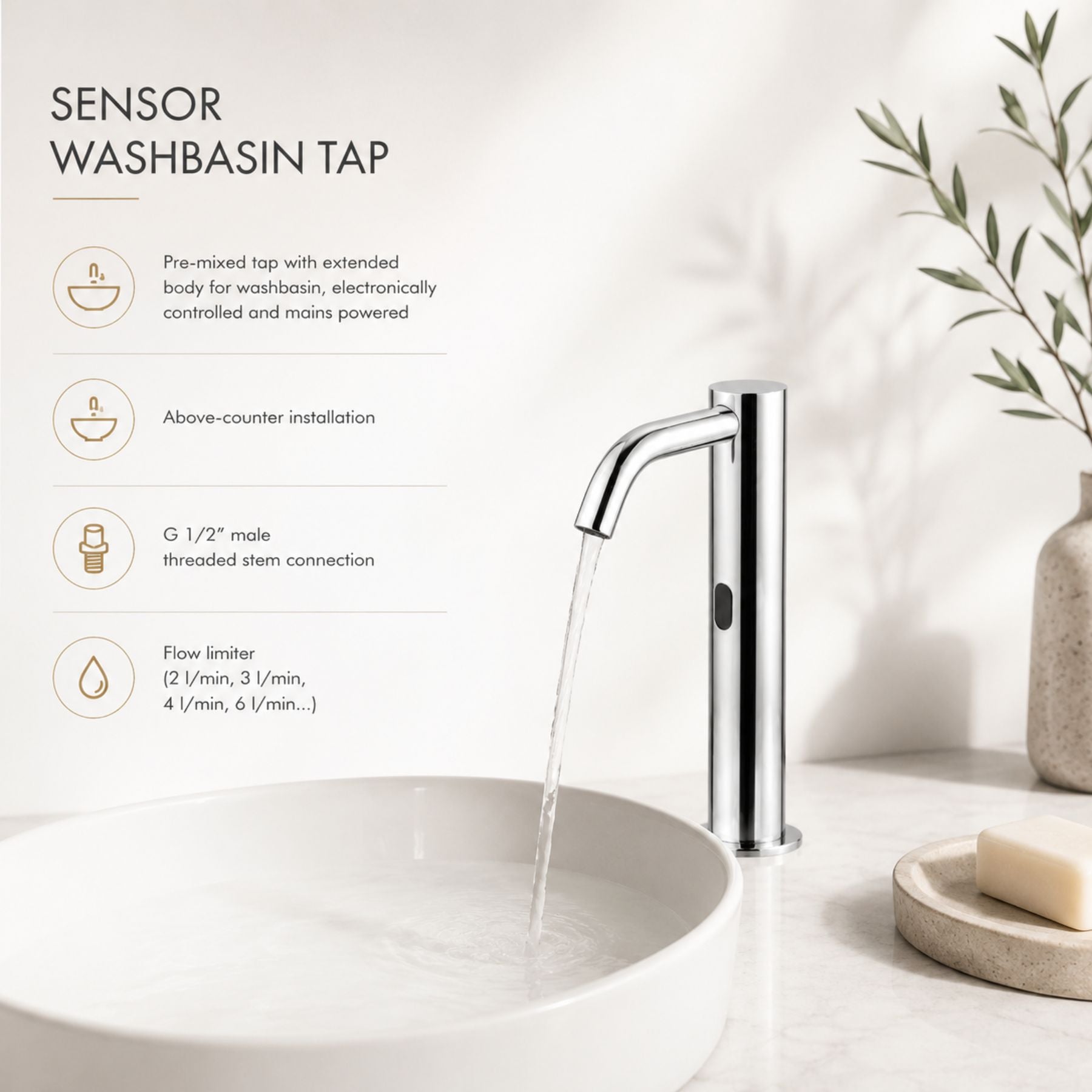 Luxury mains-powered electronic pre-mixed washbasin tap with extended body, above-counter installation and smart water-saving flow control.