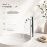 Luxury mains-powered electronic pre-mixed washbasin tap with extended body, above-counter installation and smart water-saving flow control.