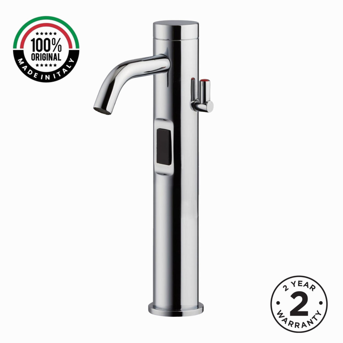 Luxury mains-powered electronic washbasin mixer tap with extended body, above-counter installation and smart water-saving flow control.