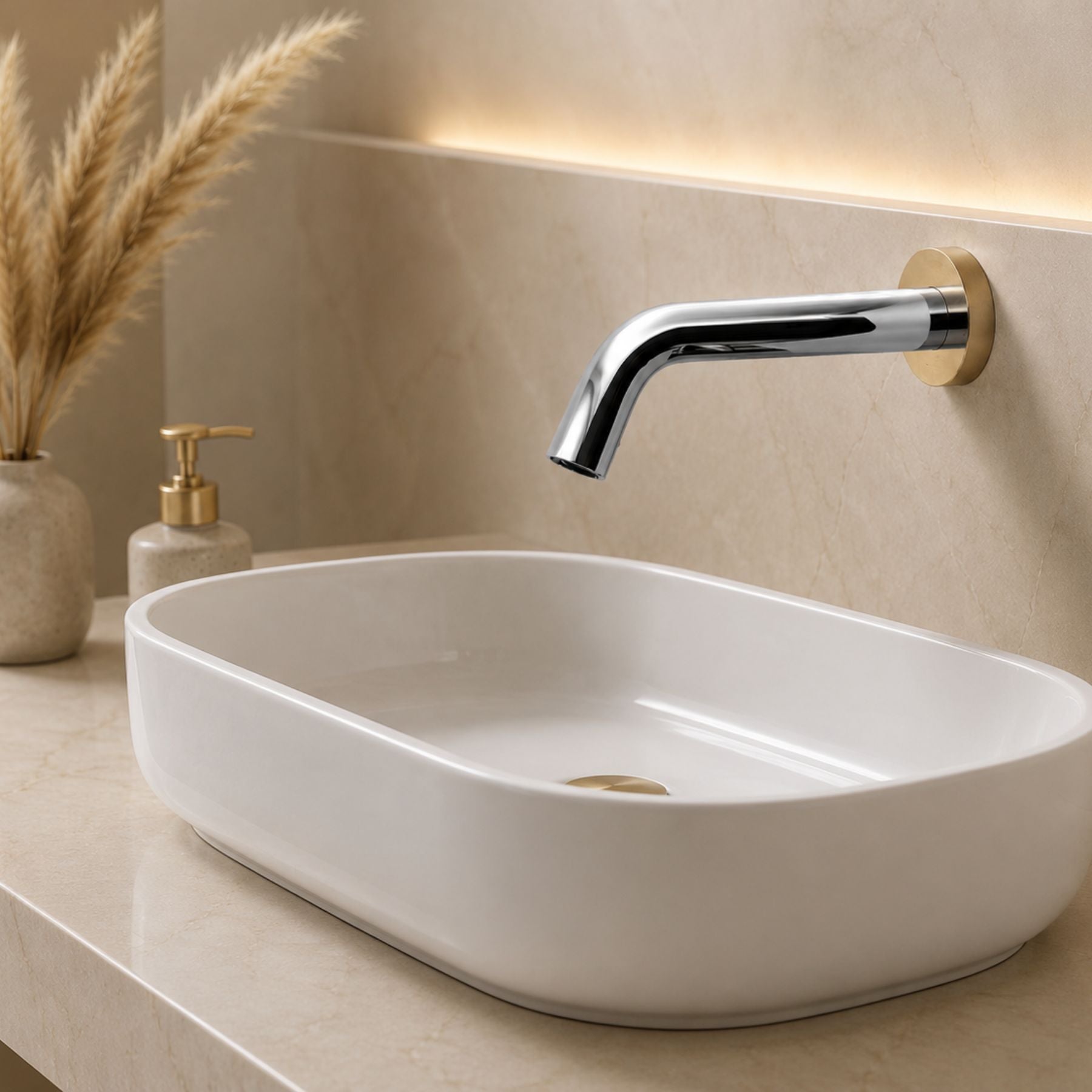 Luxury wall-mounted battery powered sensor tap with touchless operation, anti-legionella protection and vandal-proof design. Shop Mayyas Home UAE.