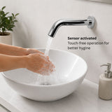 Luxury wall-mounted battery powered sensor tap with touchless operation, anti-legionella protection and vandal-proof design. Shop Mayyas Home UAE.
