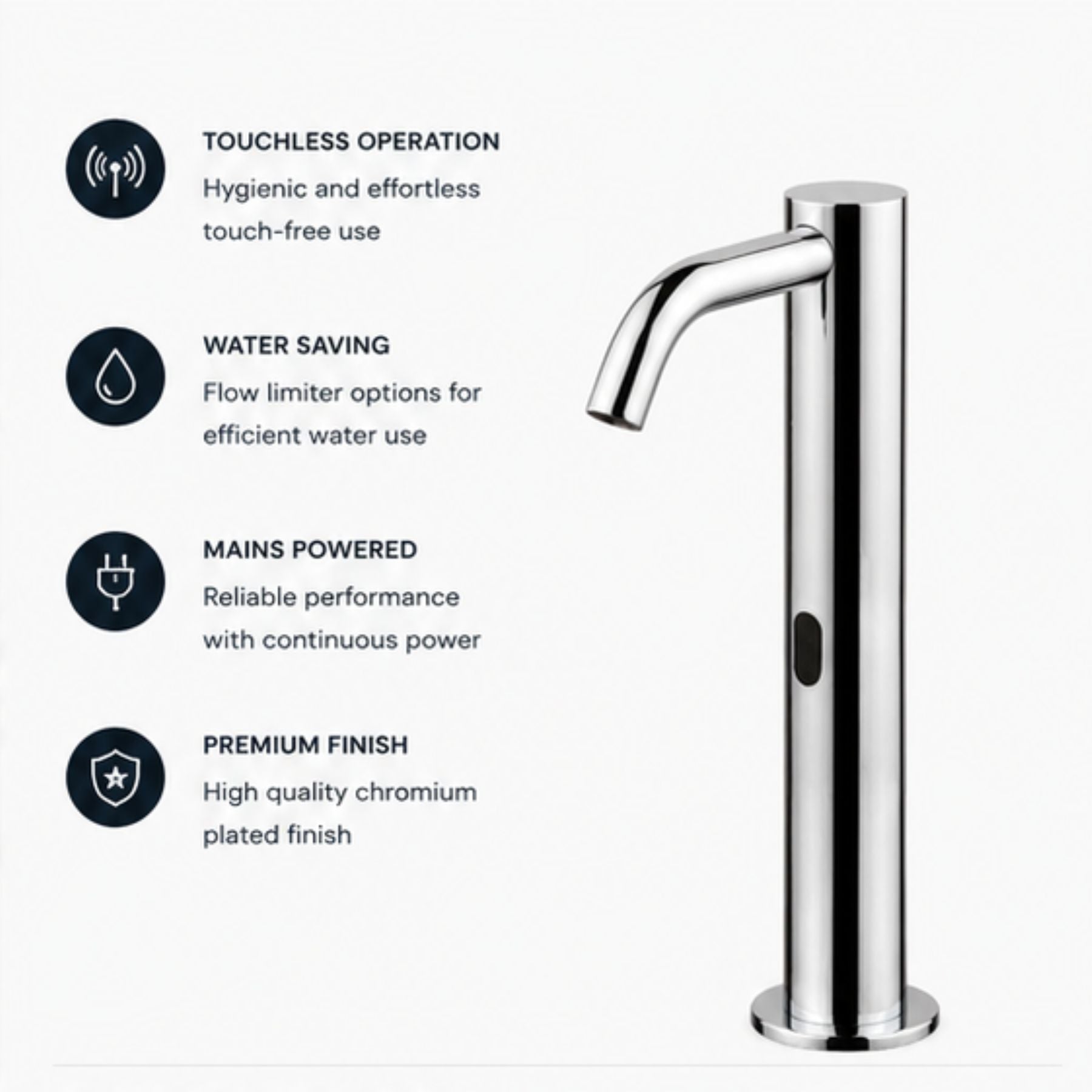 MCM 703504 electronic single-water washbasin tap made in Italy. Mains-powered operation, extended body design, premium Italian craftsmanship, water-saving flow limiter, and 2-year warranty.
