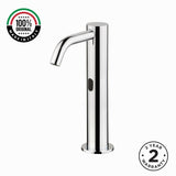 MCM 703504 electronic single-water washbasin tap made in Italy. Mains-powered operation, extended body design, premium Italian craftsmanship, water-saving flow limiter, and 2-year warranty.