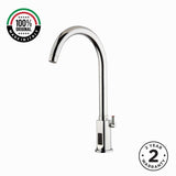 Mains-powered sensor mixer tap with swivel spout, chrome finish and water-saving flow control. Perfect for hygienic commercial and residential washrooms.