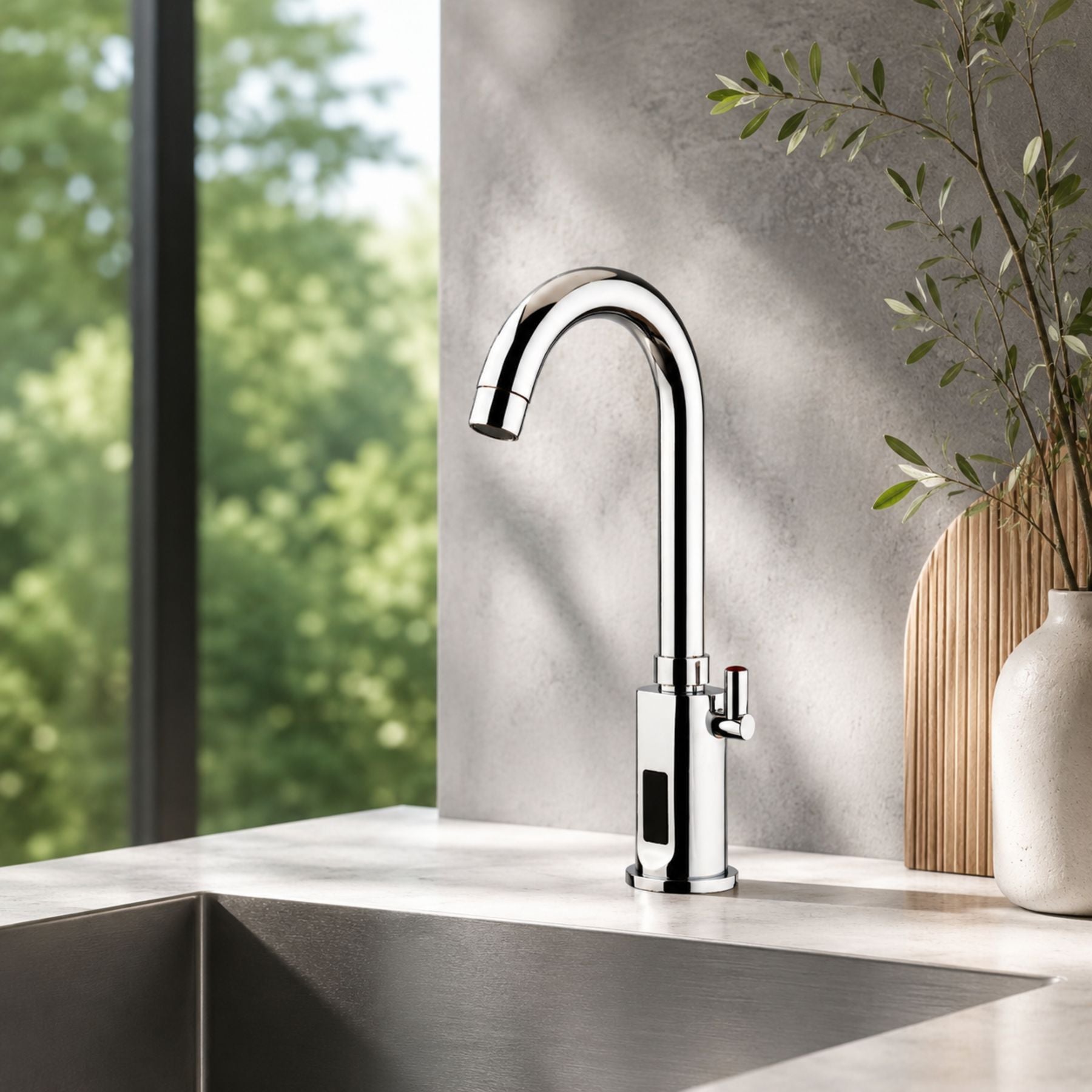 Mains-powered sensor sink mixer tap with swivel spout and chrome finish. Touchless, water-saving faucet for modern UAE bathrooms and washrooms.