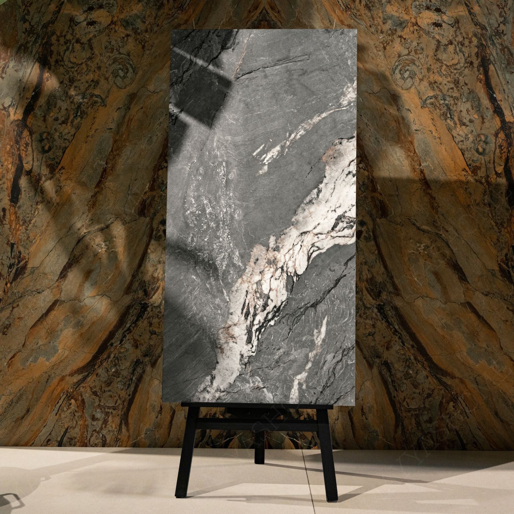 Malachete Nero porcelain tile 60x120cm features a deep stone look with premium porcelain durability, ideal for modern floor and wall applications.
