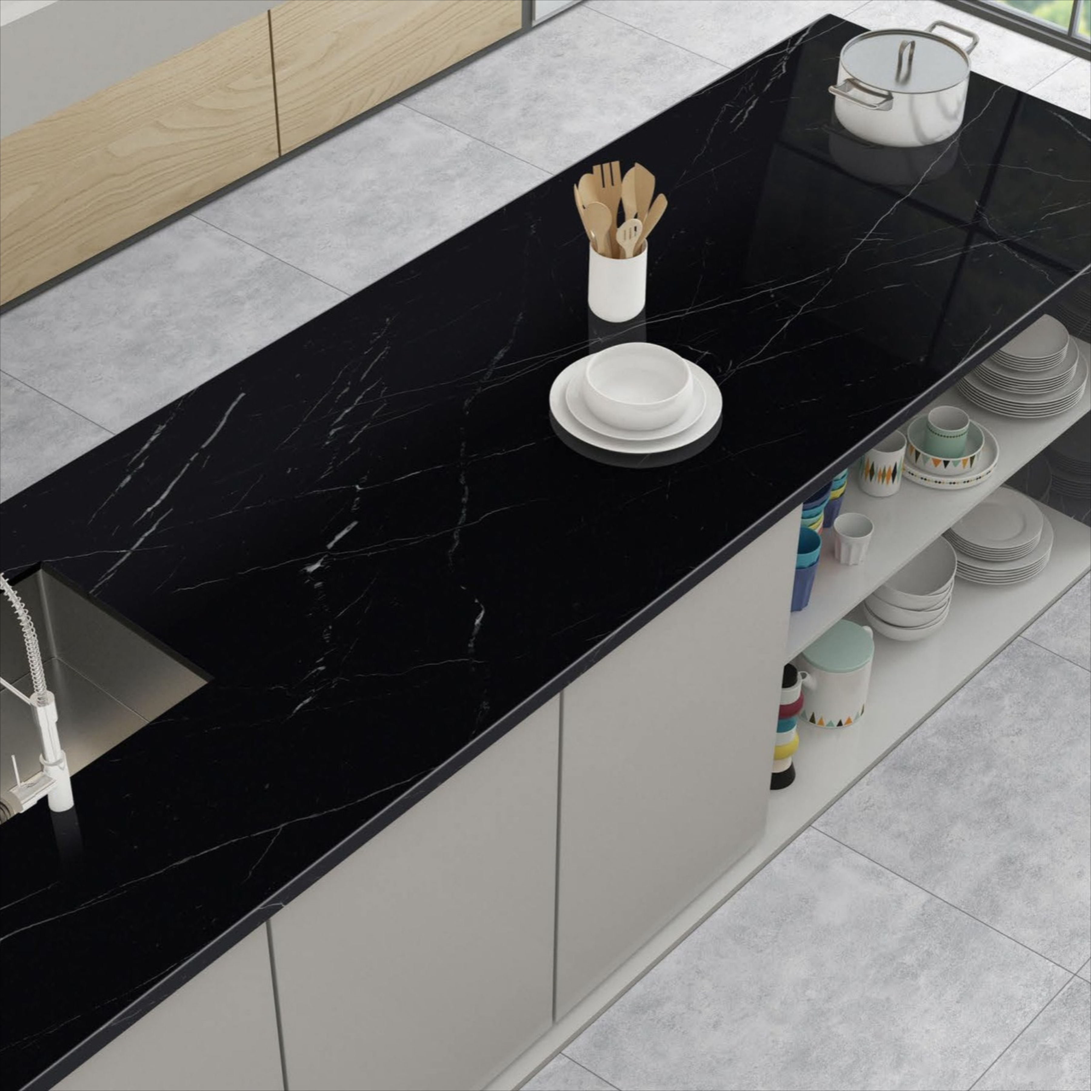 Nero Marquinia black body porcelain tile with elegant black marble design