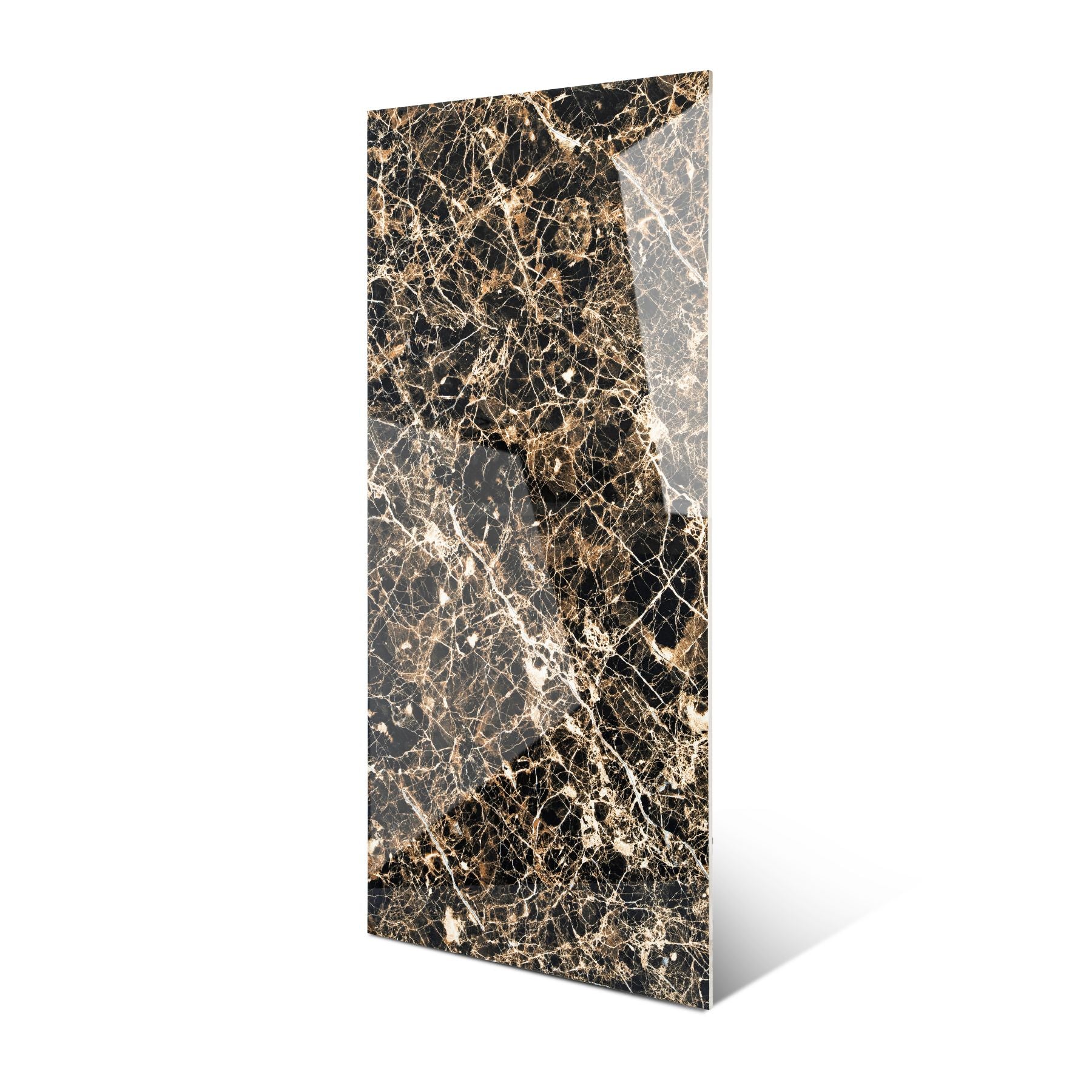 Nero Gold Lux glossy marble effect porcelain tile 60x120cm with 9mm thickness features deep black base with gold veining and polished luxury finish.