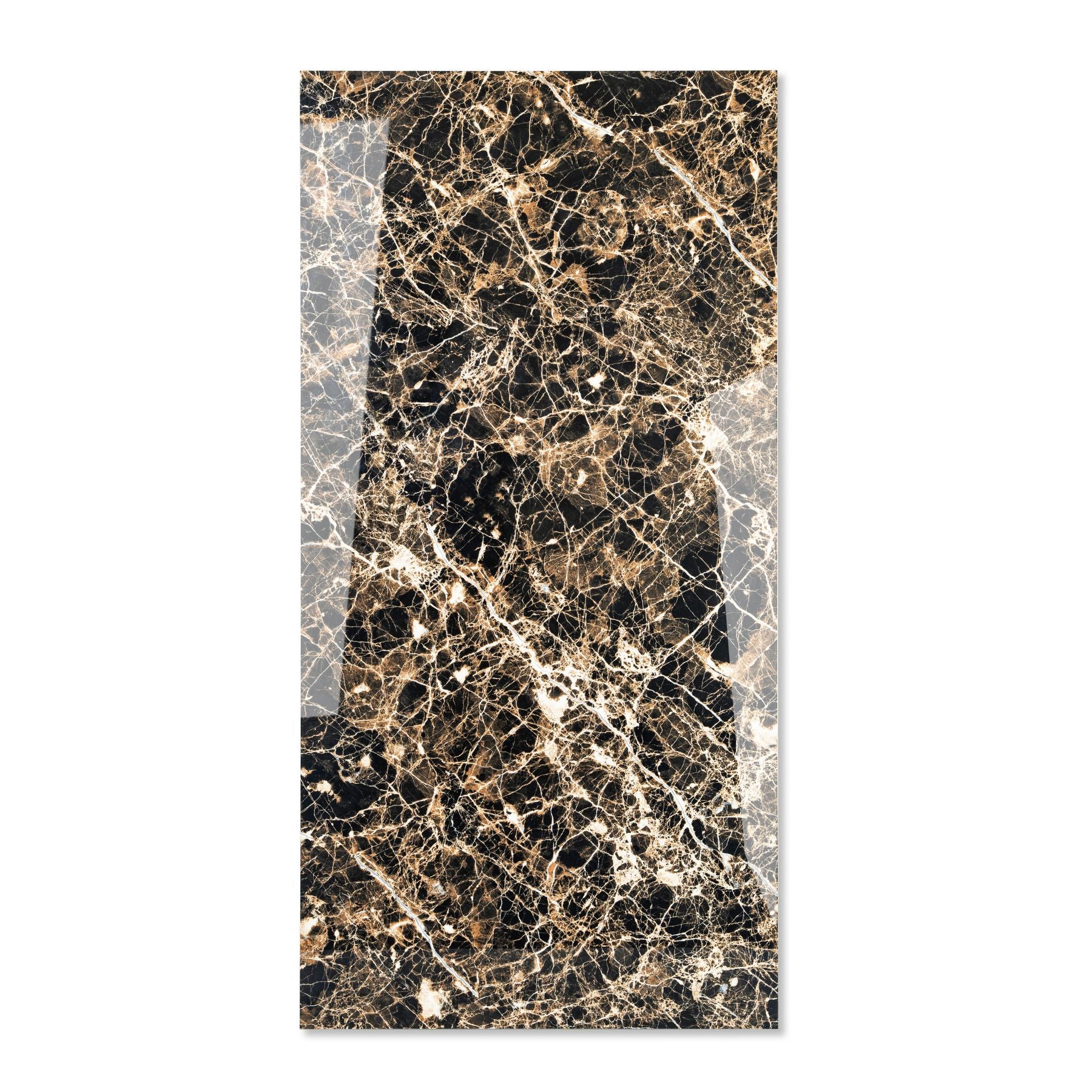 Nero Gold Lux glossy marble effect porcelain tile 60x120cm with 9mm thickness features deep black base with gold veining and polished luxury finish.