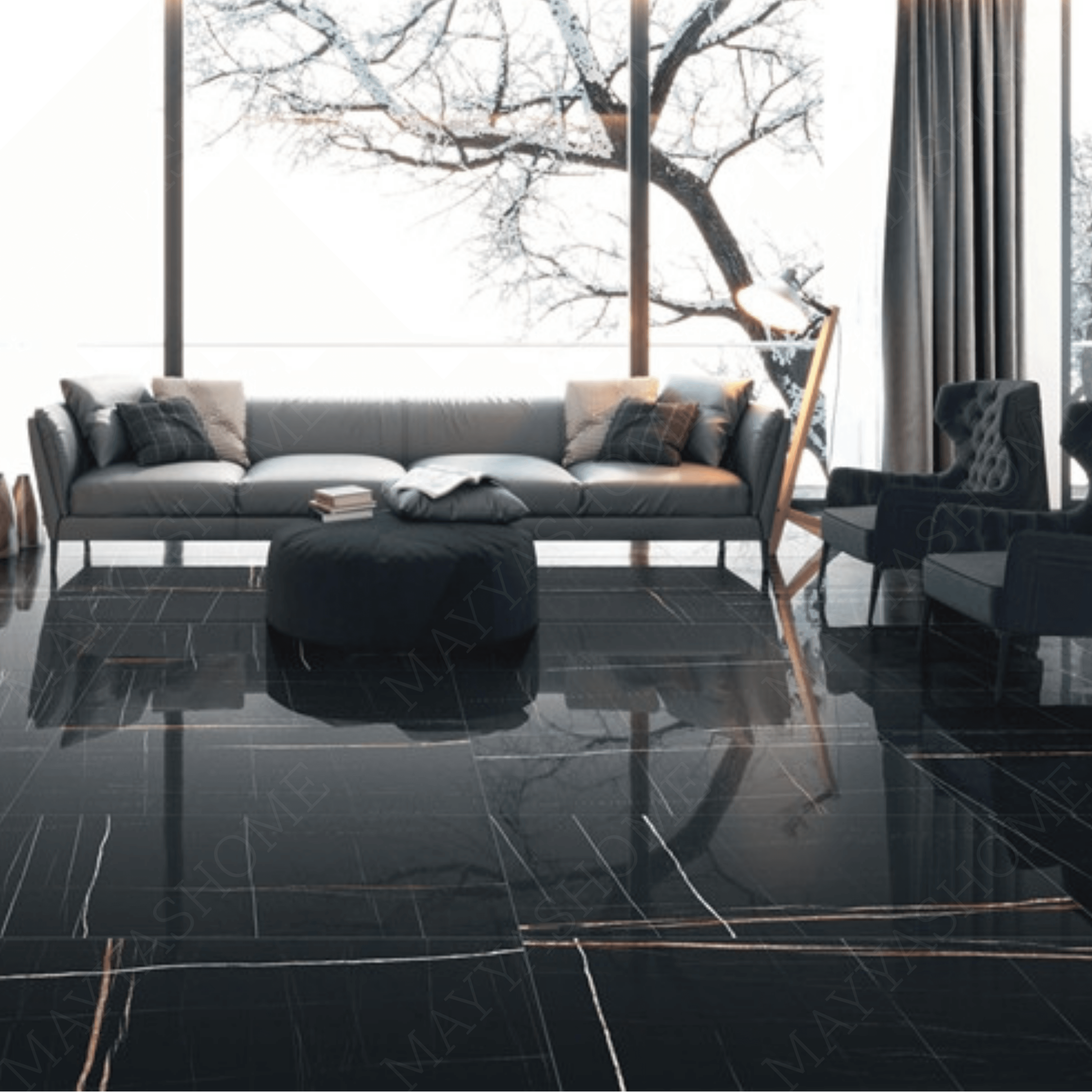 
Nero Saint Laurent 120x278cm high glossy porcelain tile. Black marble look with golden veining, 09mm slab, sleek luxury finish for premium interiors.
