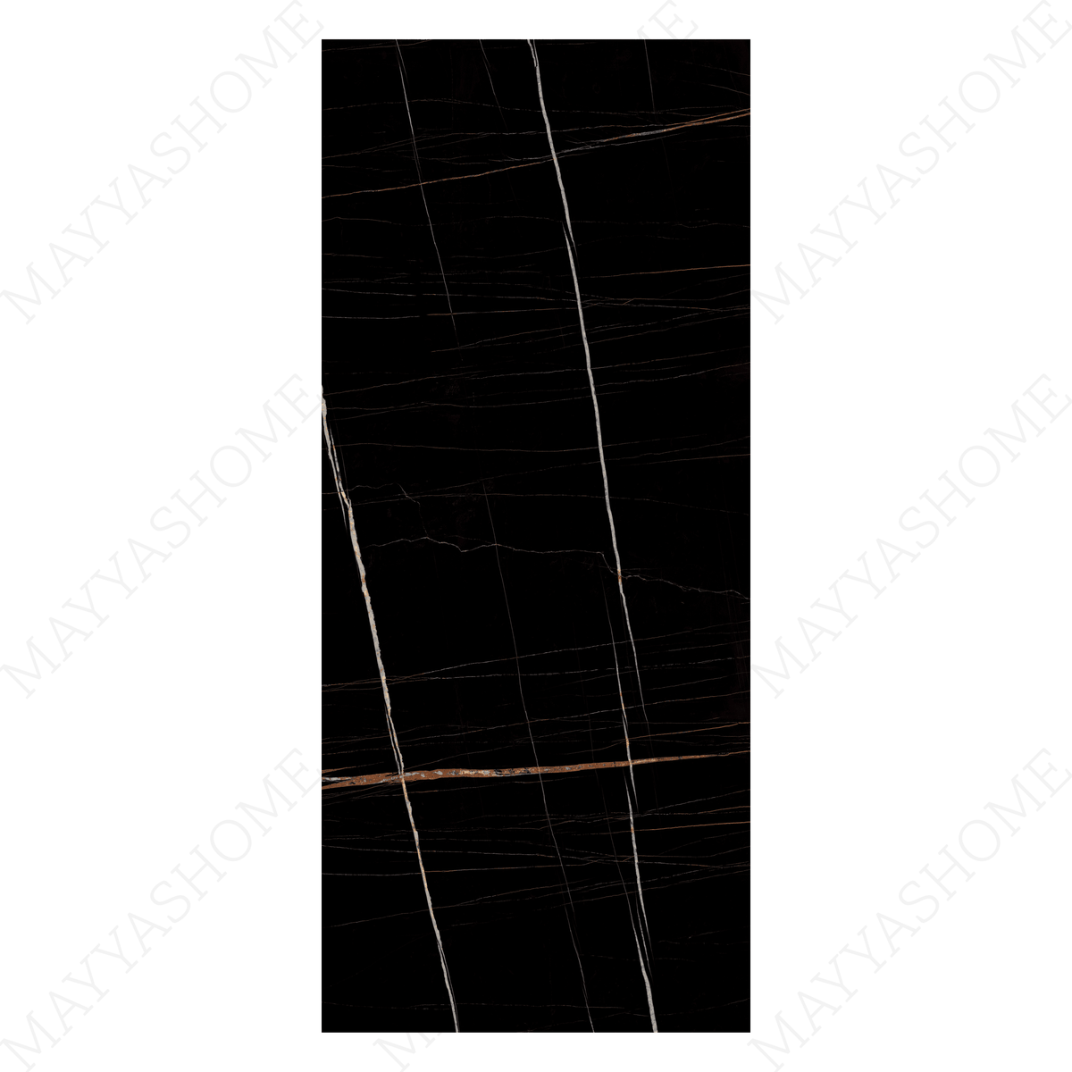 Nero Saint Laurent 120x278cm high glossy porcelain tile. Black marble look with golden veining, 09mm slab, sleek luxury finish for premium interiors.