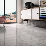 New Travertino Grey 120x240cm glossy porcelain tile with natural stone look. Durable 9mm design, perfect for elegant walls and floors.