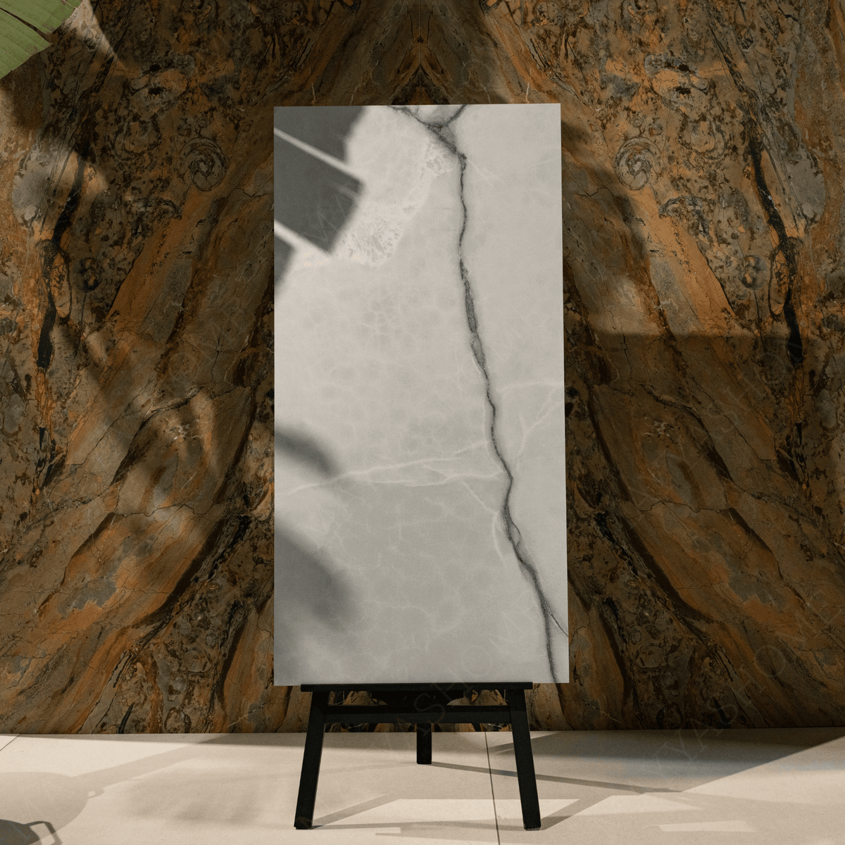 Onyx Steel porcelain tile 60x120cm with 9mm thickness features a bold onyx marble look, durable porcelain body for floors and walls.