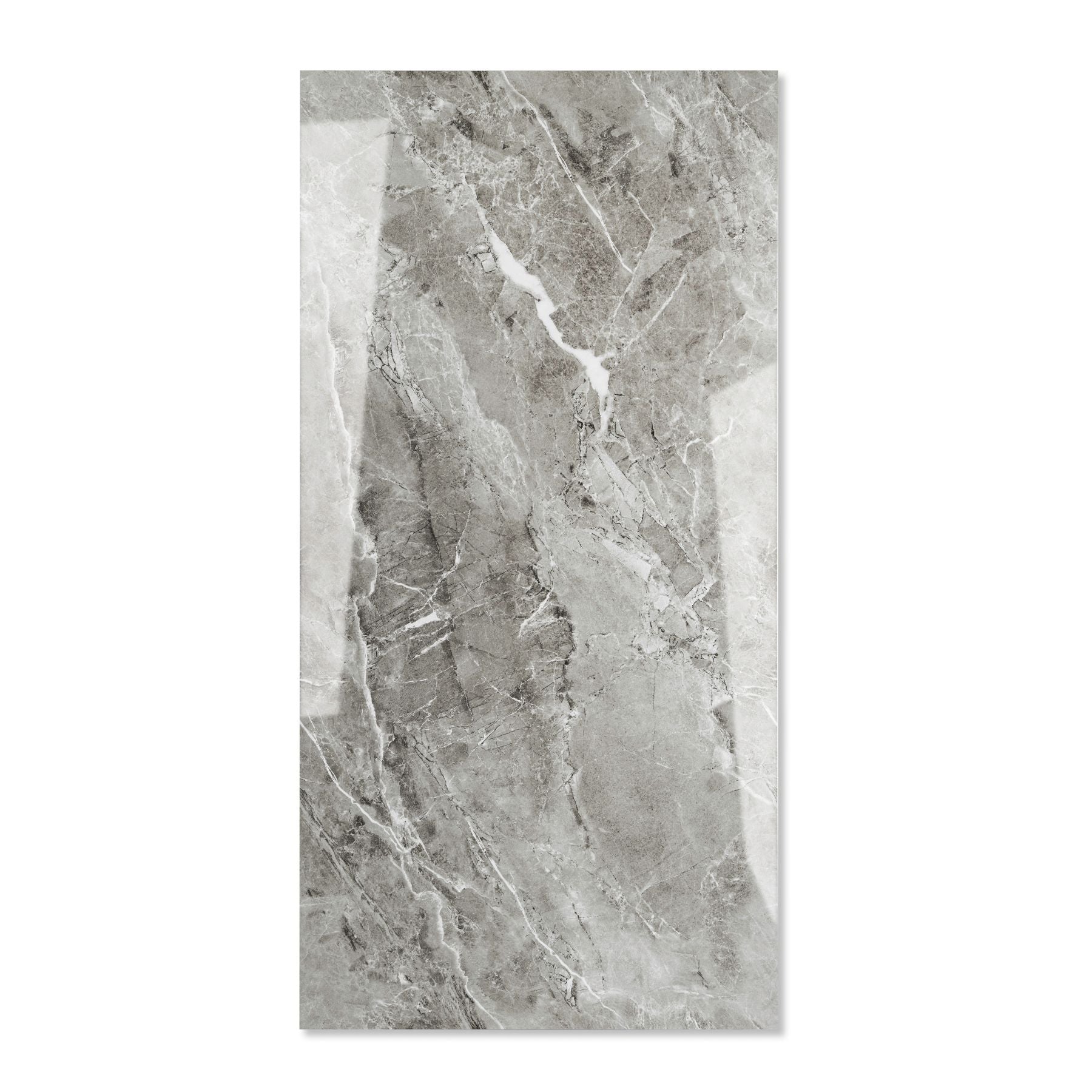 Opel Gris glossy porcelain tile 60x120cm with 9mm thickness features elegant grey tones, refined surface texture and luxurious polished finish.