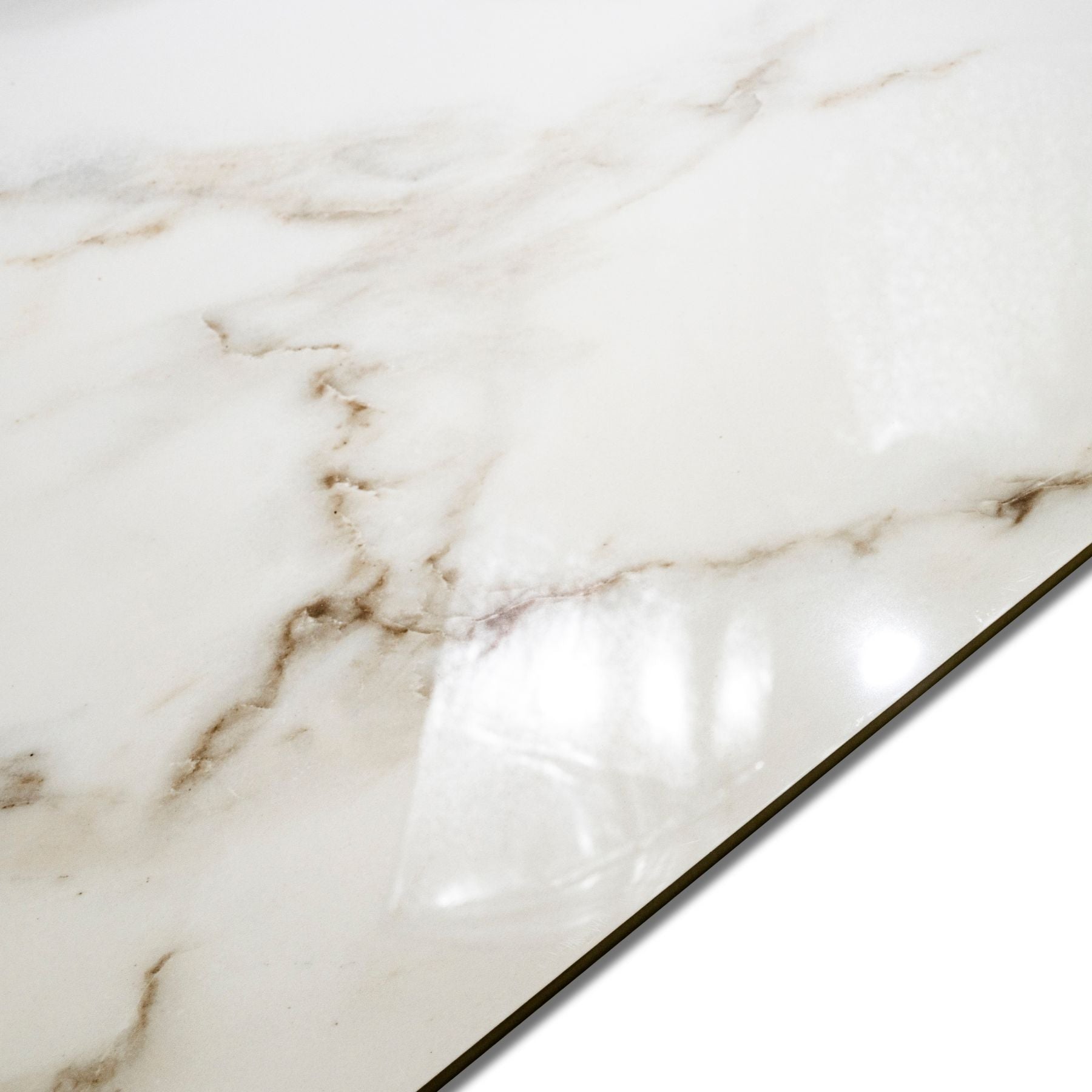 Pearl Vein glossy marble effect porcelain tile 60x120cm with 9mm thickness features soft veining and a bright polished look.