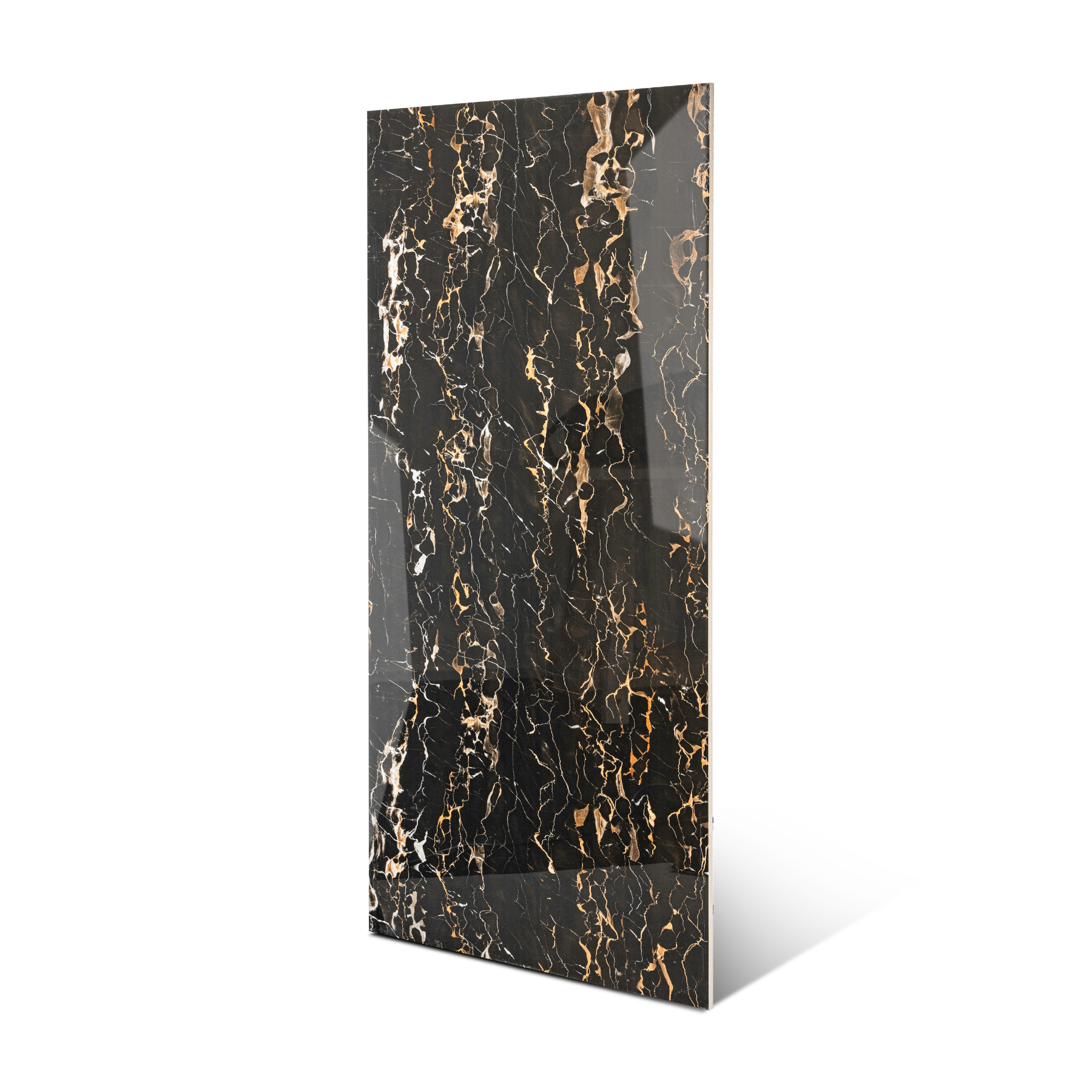 Portoro Gold porcelain tile 60x120cm 9mm thickness, black marble look with gold veining, durable porcelain tile for luxury floors and walls.