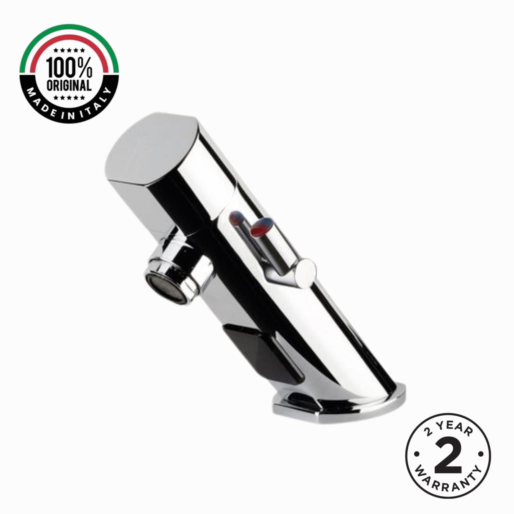 Premium battery-powered electronic basin mixer tap with above-counter installation, flexible hose connection and water-saving flow limiter technology.