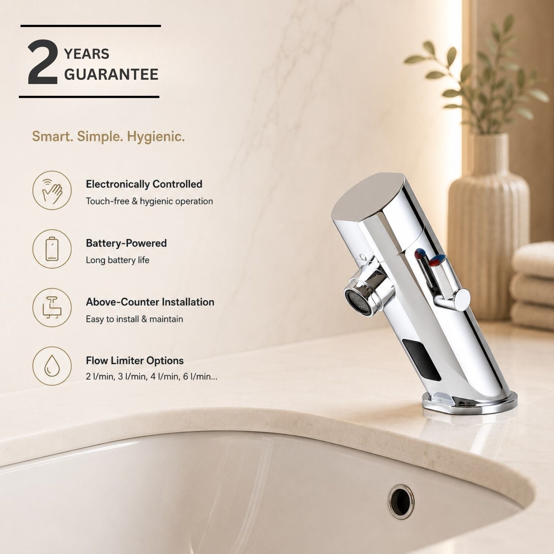 Premium battery-powered electronic basin mixer tap with above-counter installation, flexible hose connection and water-saving flow limiter technology.