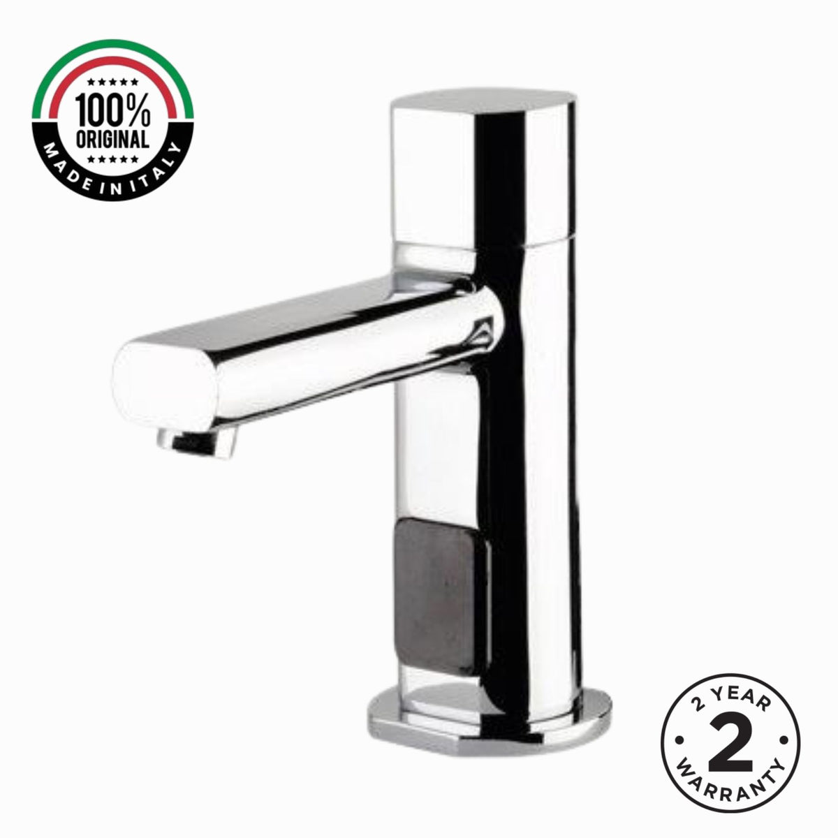 Premium battery-powered electronic single water sink tap with above-counter installation and adjustable water-saving flow limiter technology.