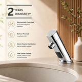 Premium battery-powered electronic single water sink tap with above-counter installation and water-saving flow limiter technology.