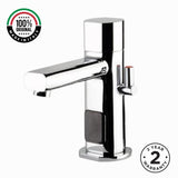 Premium battery-powered electronic sink mixer tap with above-counter installation and adjustable water-saving flow limiter technology.