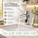 Premium battery-powered electronic sink mixer tap with above-counter installation and adjustable water-saving flow limiter technology.