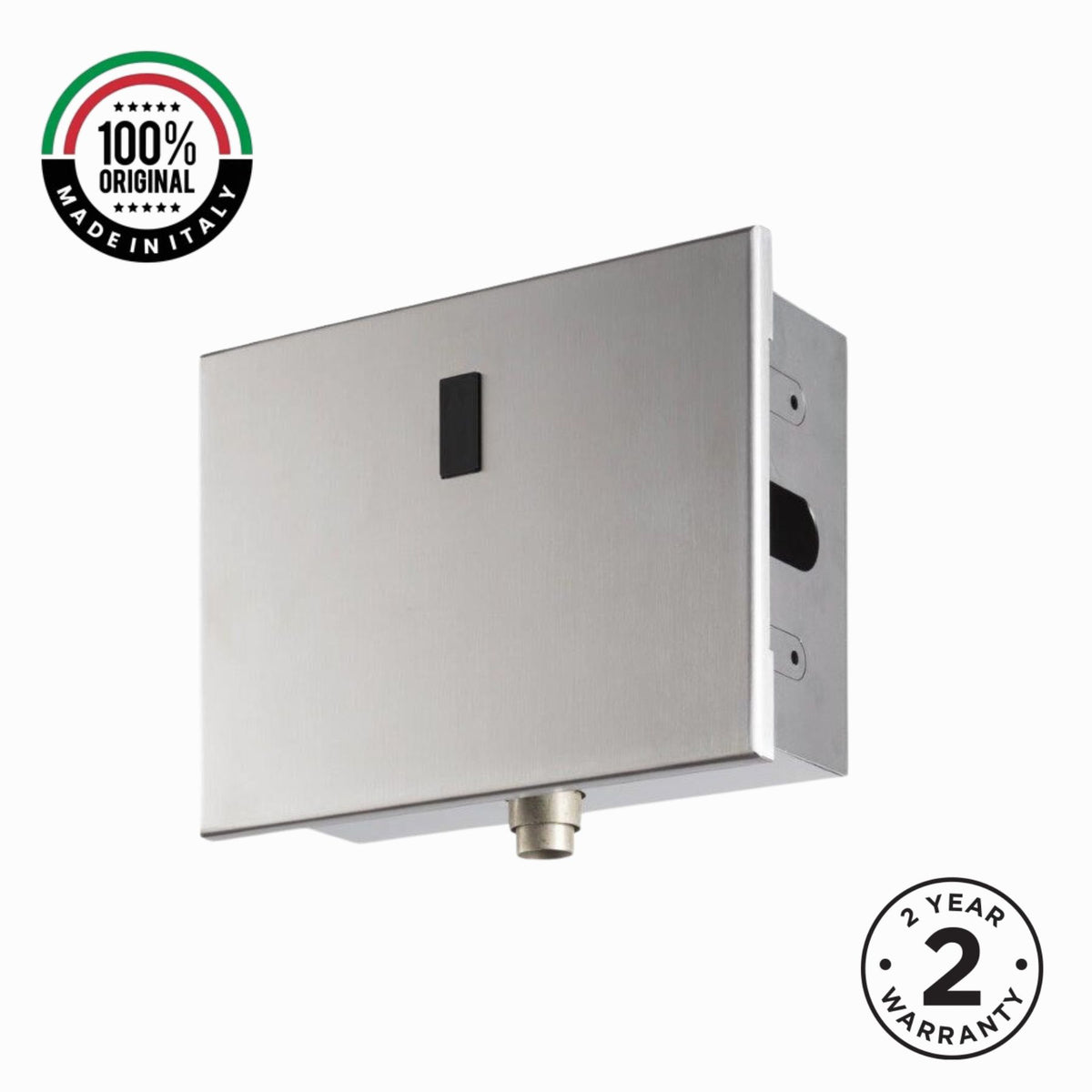 Premium electronic built-in toilet flush valve with battery powered operation, concealed installation and water-saving flow limiter technology.